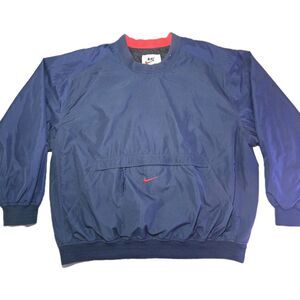Nike Vintage XXL Navy Pullover Windbreaker Jacket Red Center Swoosh Kangaroo Poc